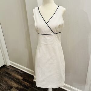Ann Taylor White Sleeveless Wrap-Style Midi Dress with Black Trim